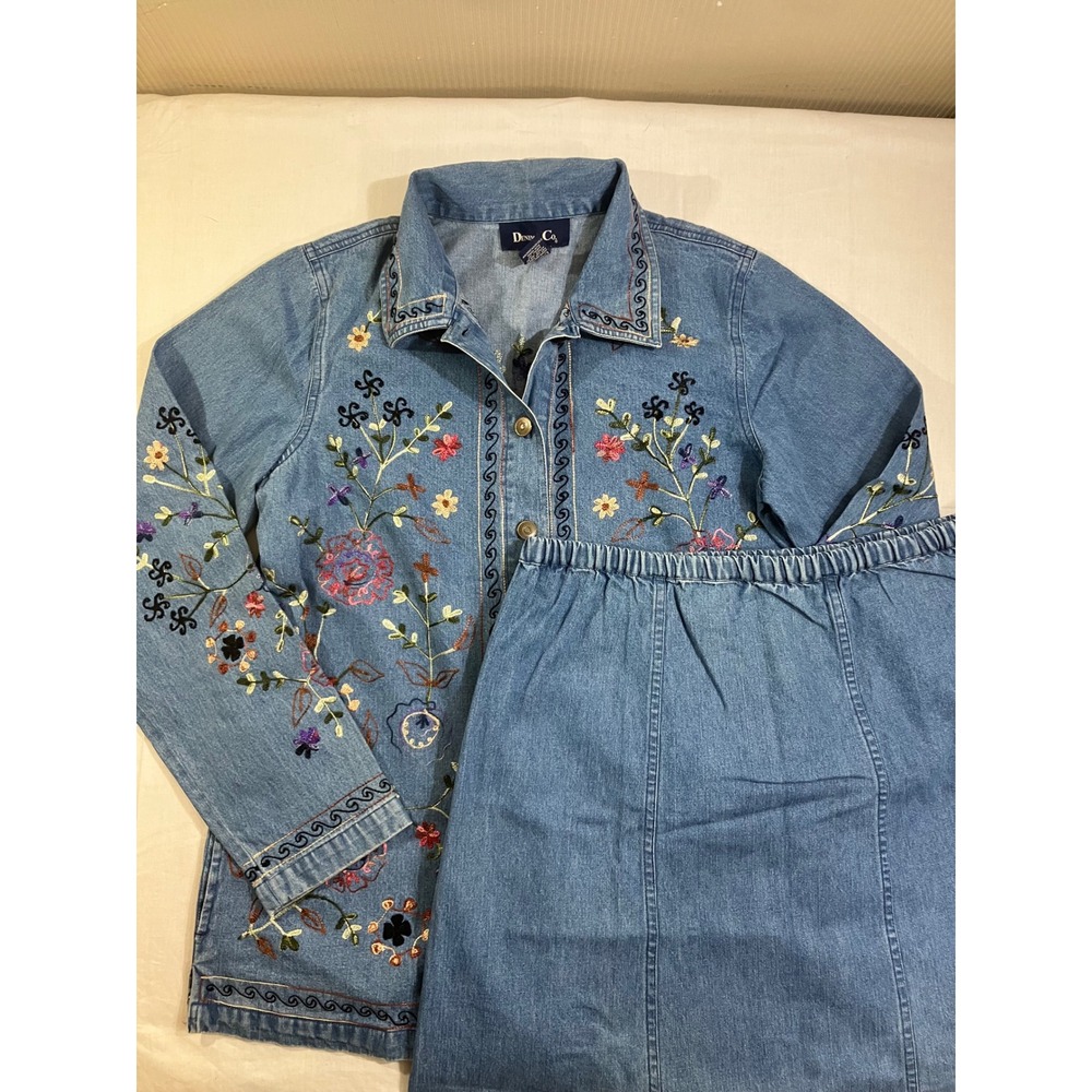 Denimā & Co Womens XS Blue Floral Embroidered Denim Jacket Maxi Skirt 2pc Set